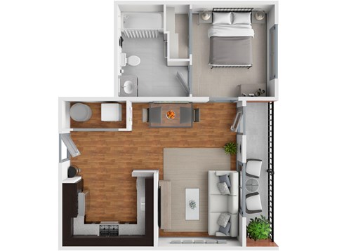 Floor plan for 1 bed, 1 bath, 585 sqft